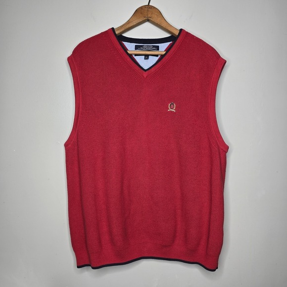 Tommy Hilfiger Other - Tommy Hilfiger Mens Red Ribbed Cotton V-Neck Sweater Vest XL Crest Logo Navy